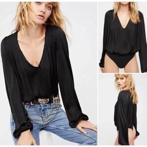 Free People Bodysuit Black Satin Smockin'N Rock V Neck Long Sleeve Sz M